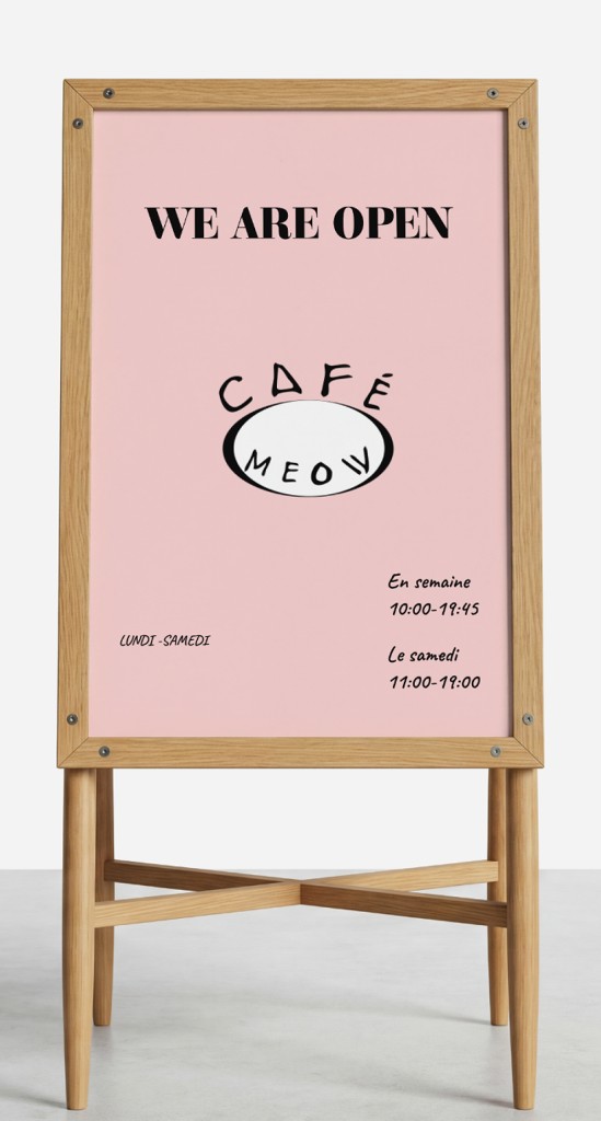 Chevalet de présentation extérieur Café Meow avec message « We are open »
