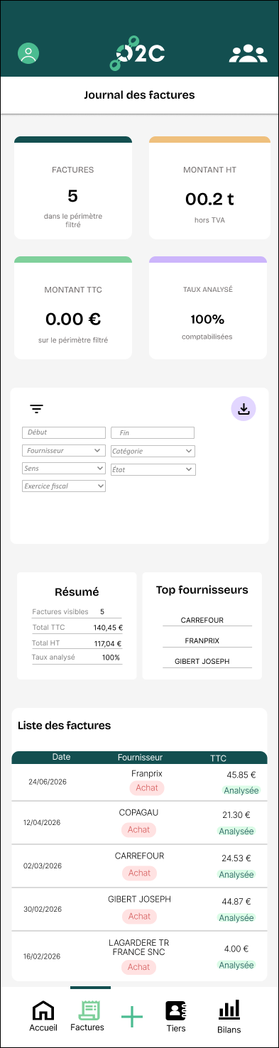 Journal des factures — filtres, résumé & top fournisseurs