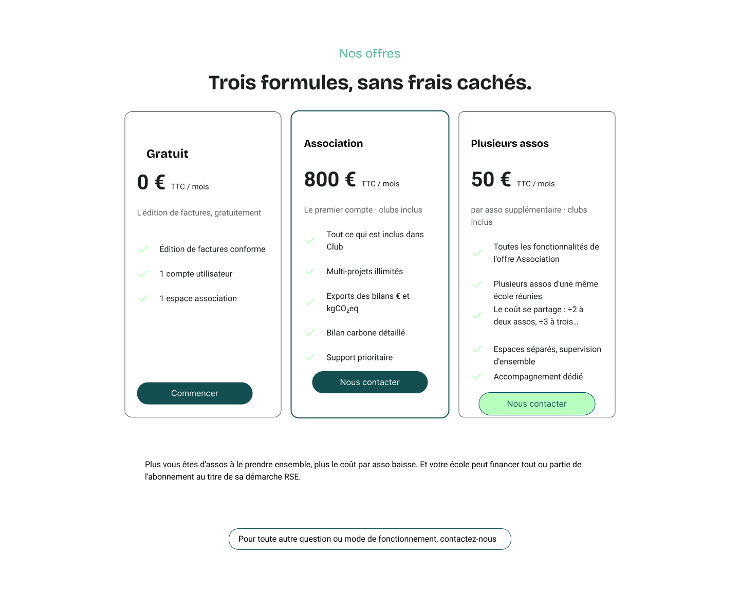 Page Tarifs O2C, trois formules
